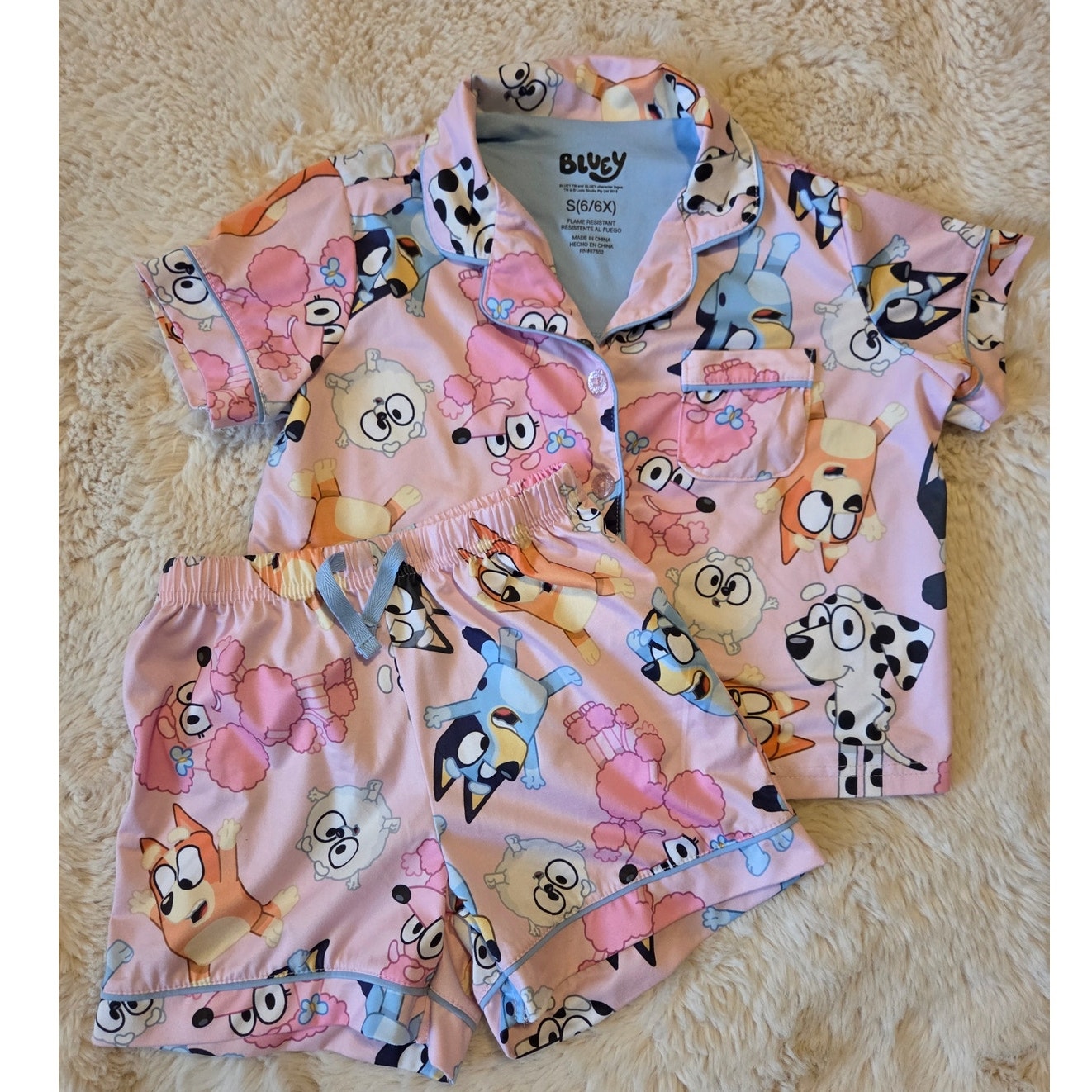 Bluey, Bingo & Friends 2 Piece Button Down Shirt And Shorts Pj Set Small 6/6x
